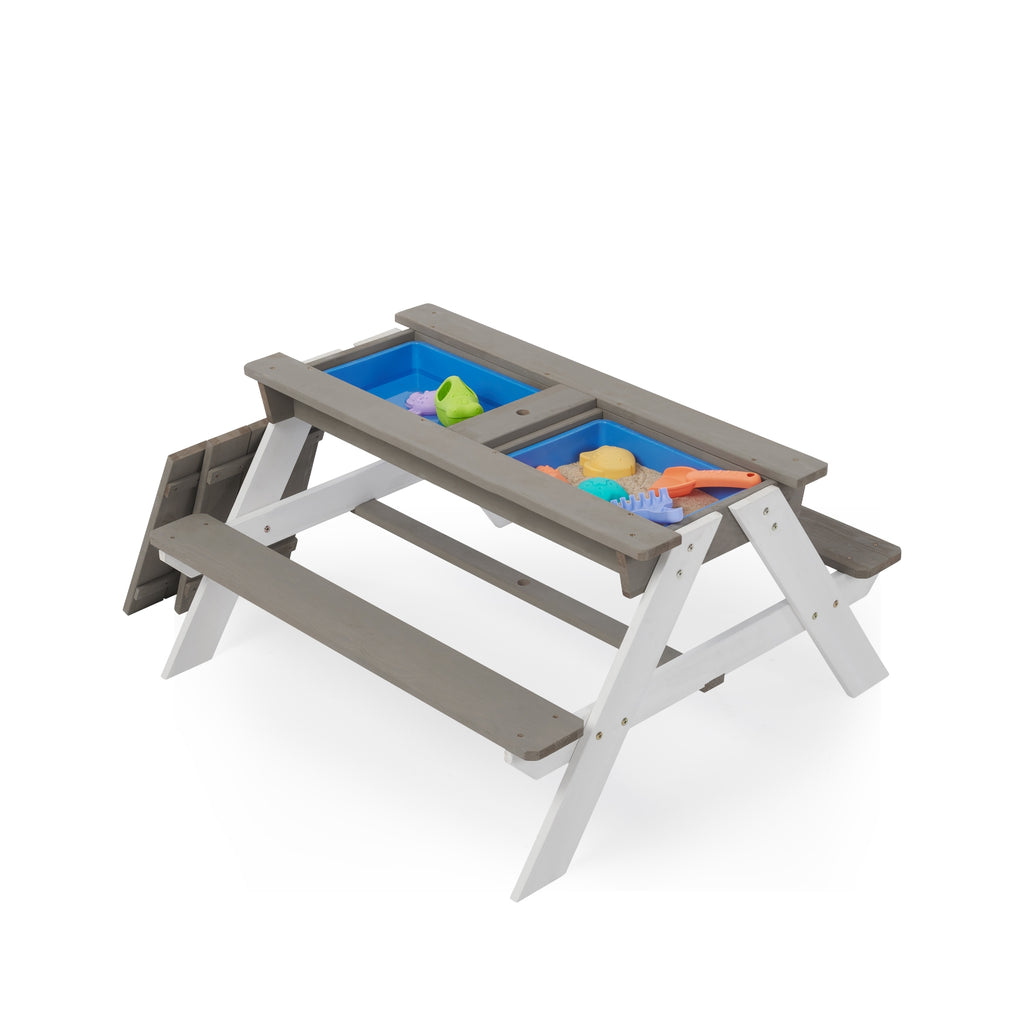 3-in-1 Kids Outdoor Wooden Picnic Table With Umbrella, Sand & Water, Gray ASTM