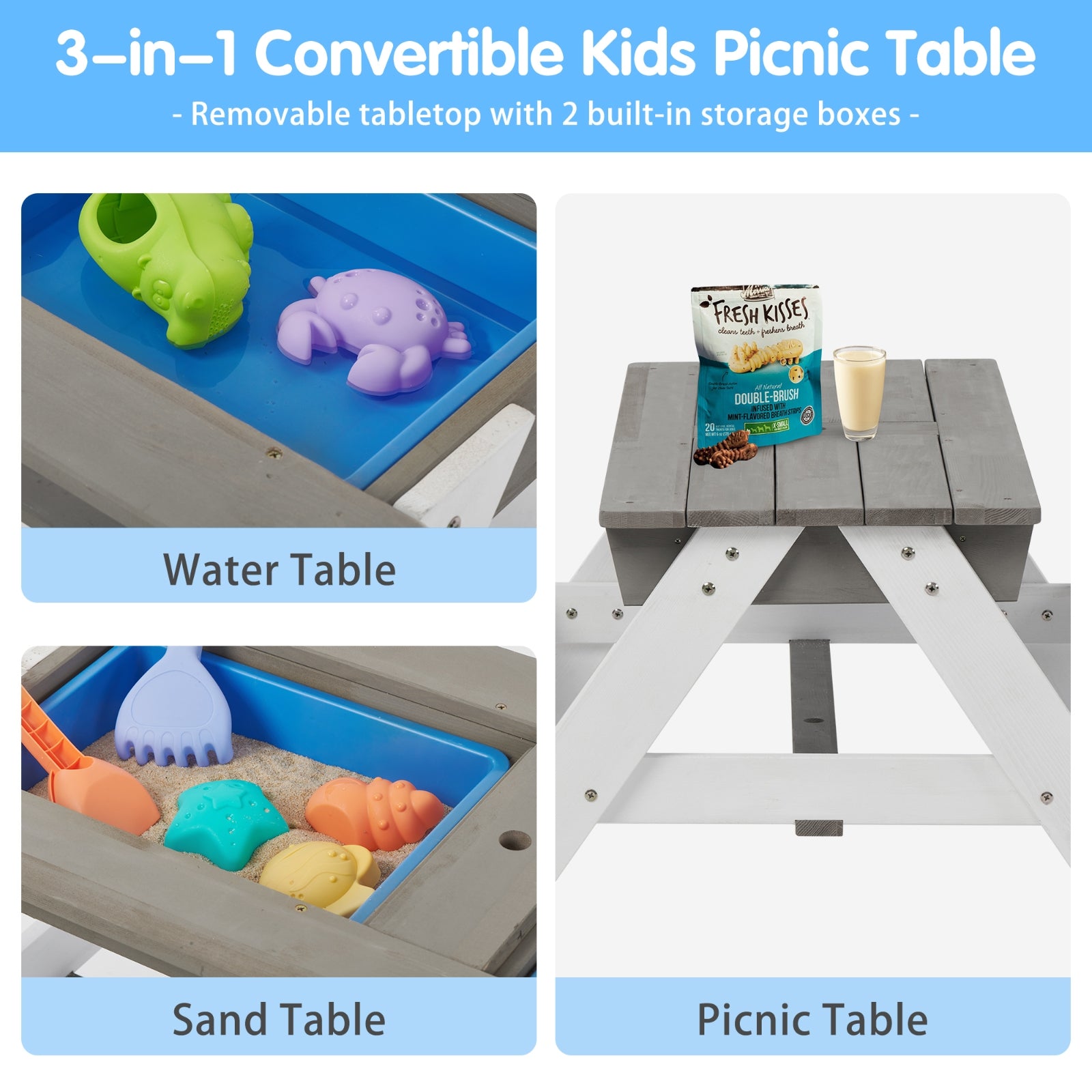 3-in-1 Kids Outdoor Wooden Picnic Table With Umbrella, Sand & Water, Gray ASTM