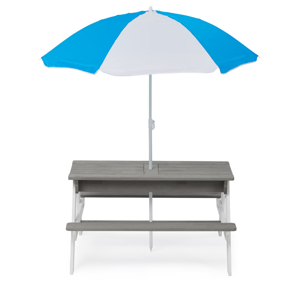 3-in-1 Kids Outdoor Wooden Picnic Table With Umbrella, Sand & Water, Gray ASTM